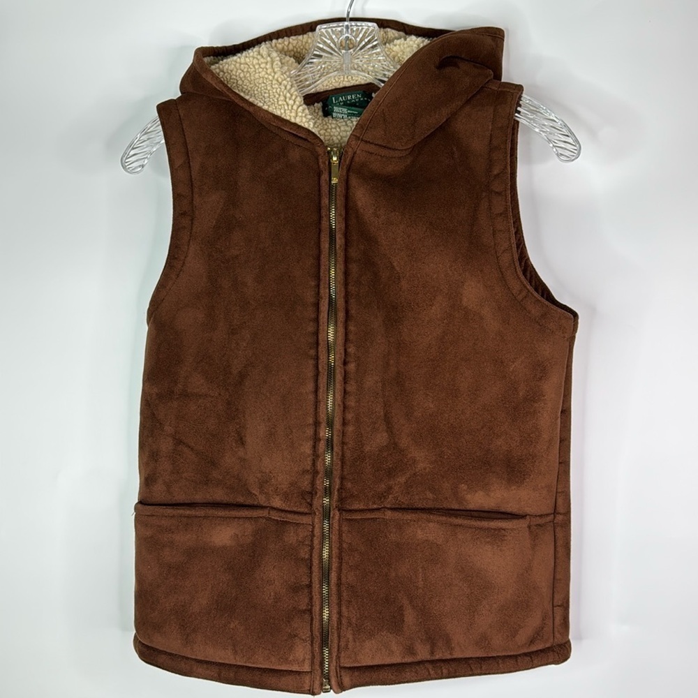 Vintage Lauren Ralph Lauren Sherpa Lined Brown Hooded Vest Size P/P